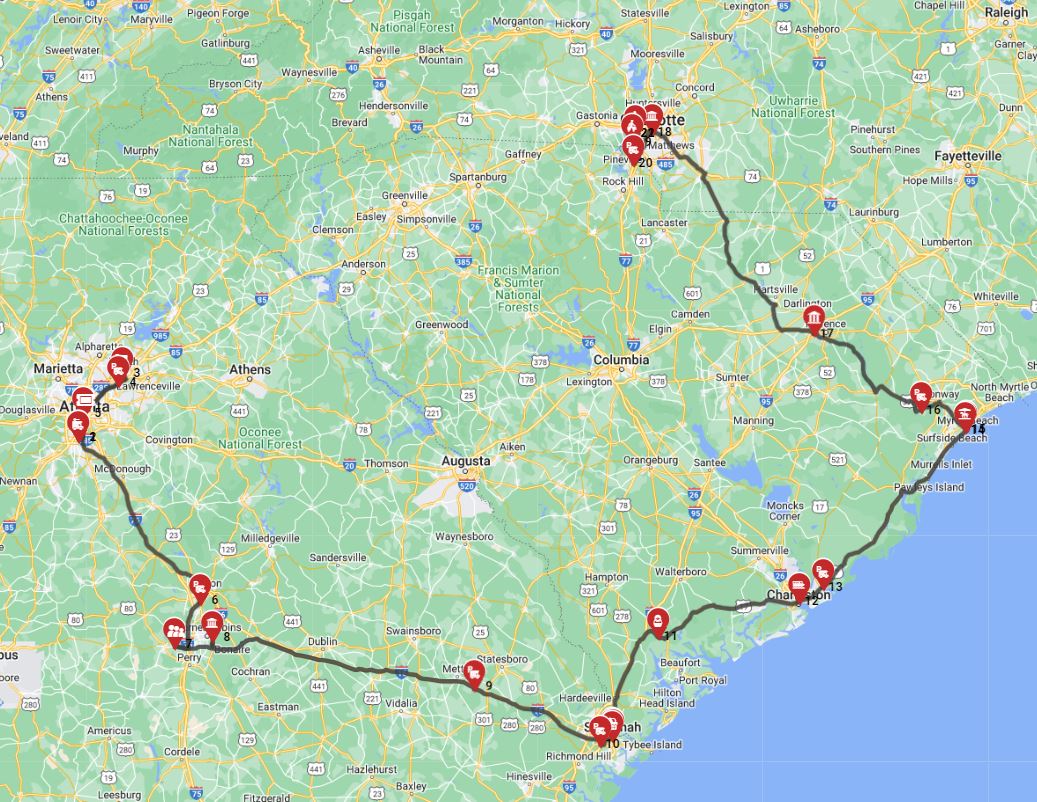 Map for Atlanta to Charlotte - East Coast Enchantment